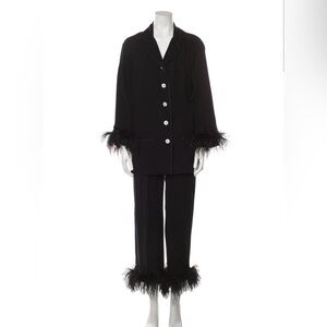 Chic Black Feather Trim Pajama Set